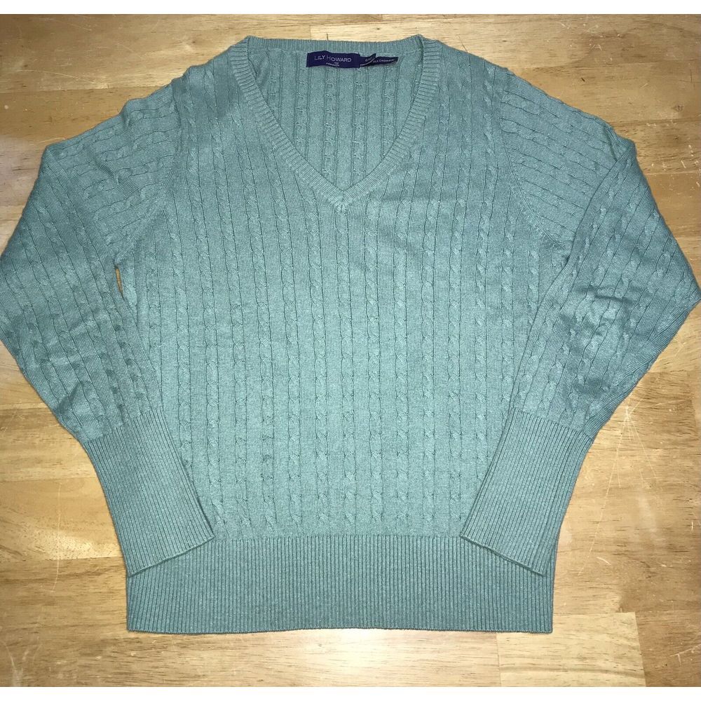 Irelands Eye Lily Howard Cotton Silk Green‎ Sweater Sz Small Cable Knit V-Neck